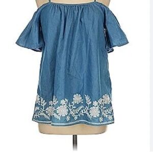 Suzanne Betro Blue Flutter Sleeve Off-Shoulder Blouse